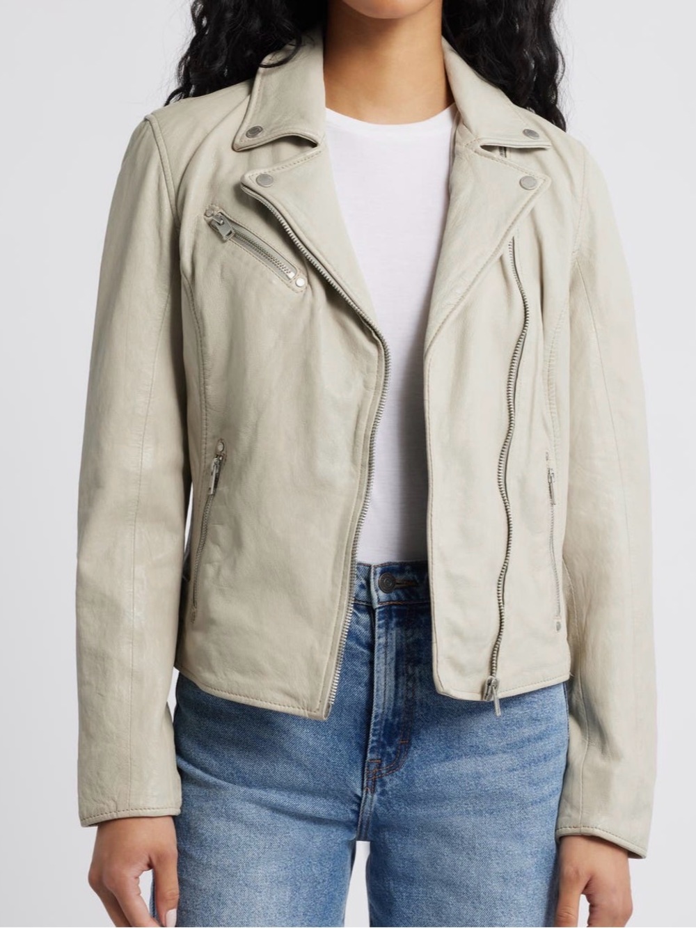 MAURITIUS SOFIA IVORY BONE ZIP FRONT LEATHER MOTO JACKET WOMENS SZ 8